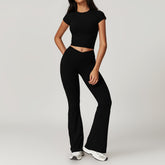 Freemyself recycled Yoga Set - Women's Quick-Dry Short Sleeve Top & Flared Leggings | Street-Ready Workout Outfit