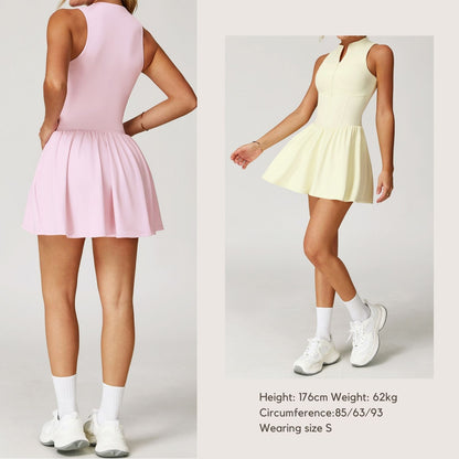 Freemyself Two-Piece Style Stand Collar Dress Outdoor Running Anti-Exposure Underlayer A-Line Skirt Hem Tennis Skirt