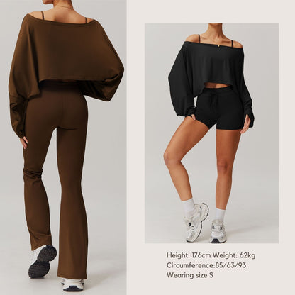 Freemyself Fitness Long-Sleeve Top for Women Off-the-Shoulder Batwing Sleeve Outerwear Casual Versatile Long-Sleeve Yoga Cover-Up