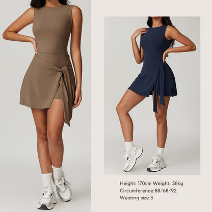 Freemyself Two-Piece Style Anti-Exposure Tight-Fitting Sports Dress Slimming Strappy Casual Fitness Backless Yoga Tennis Skirt