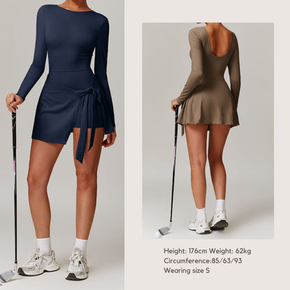 Freemyself Two-Piece Style Anti-Exposure Tight-Fitting Sports Dress Sexy Slit with Straps U-Shaped Back Tennis Skirt