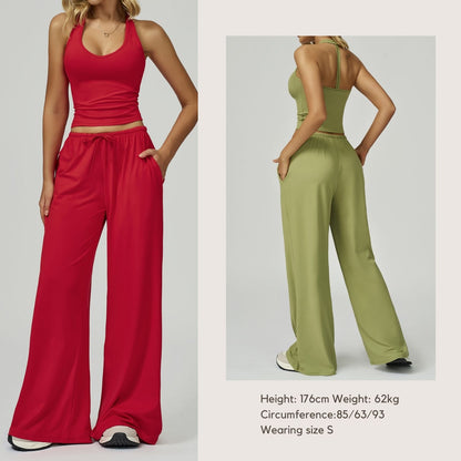 Freemyself Brushed-Finish Long Pants Draped Wide-Leg Relaxed Casual Pants Women's Athletic Fitness Elastic Drawstring Trousers