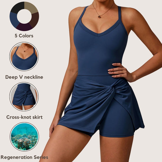Freemyself recycled Tennis Skirt - Women's Built-in Shorts with Twist Knot & Cutout Back | Anti-Slip Quick-Dry Dress