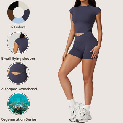 Freemyself recycled Yoga Set - Women's Quick-Dry Short Sleeve Top & Workout Shorts | Street-Ready Workout Outfit