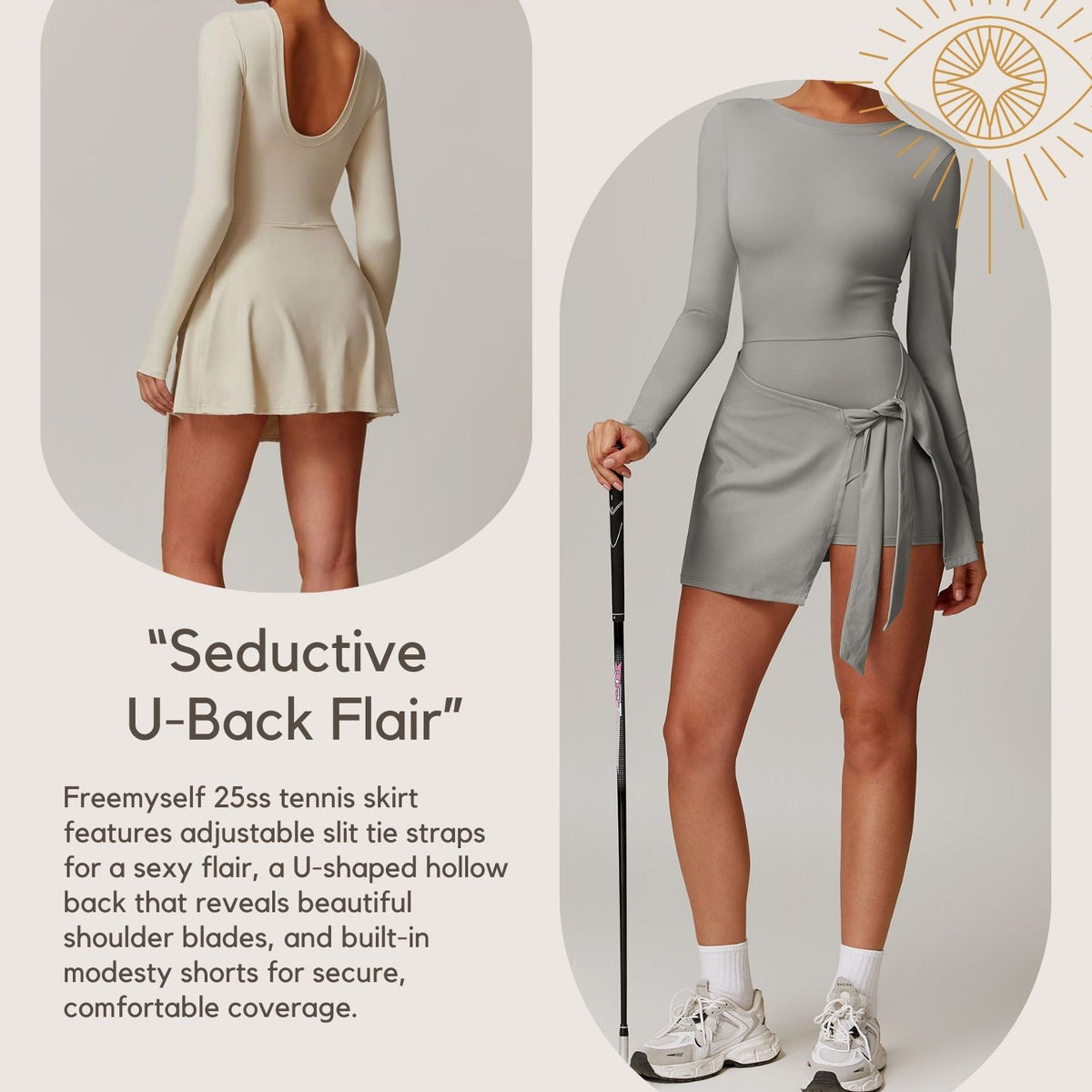 Freemyself Two-Piece Style Anti-Exposure Tight-Fitting Sports Dress Sexy Slit with Straps U-Shaped Back Tennis Skirt