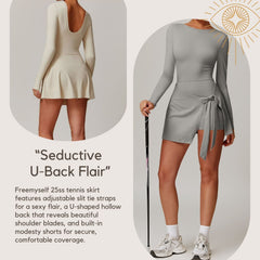 Freemyself Two-Piece Style Anti-Exposure Tight-Fitting Sports Dress Sexy Slit with Straps U-Shaped Back Tennis Skirt