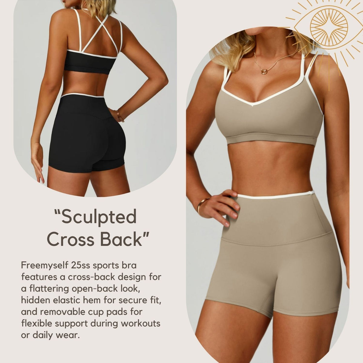 Contrast-Color Nude-Feel Sports Bra Quick-Dry Fitted Cross-Back Sports Tank Top Running Fitness Sports Bra