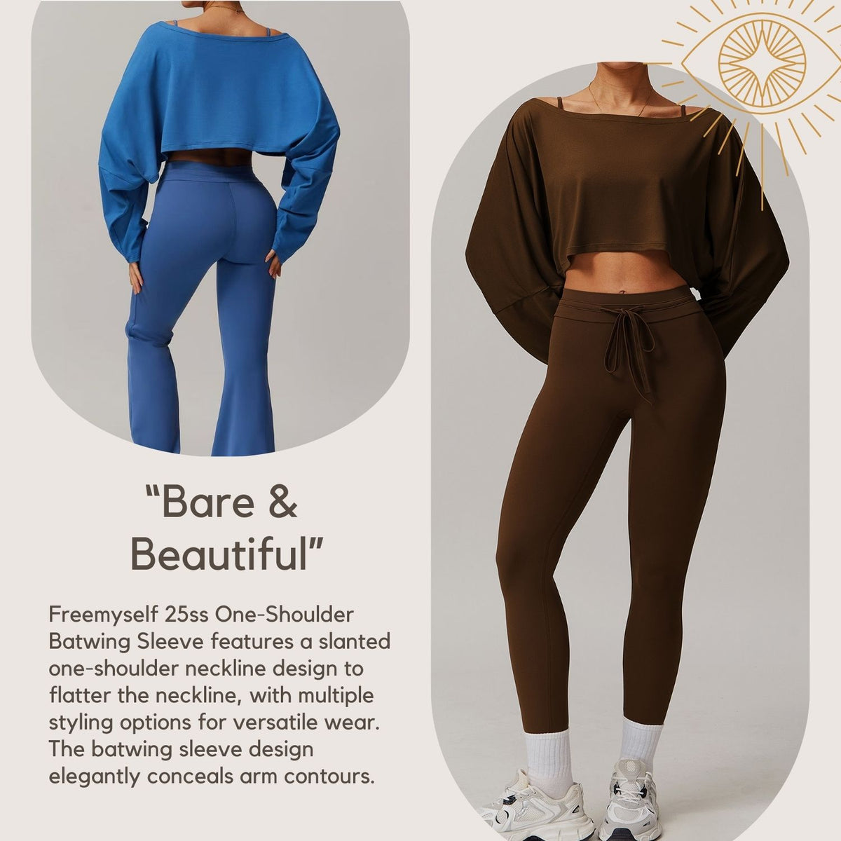 Freemyself Fitness Long-Sleeve Top for Women Off-the-Shoulder Batwing Sleeve Outerwear Casual Versatile Long-Sleeve Yoga Cover-Up