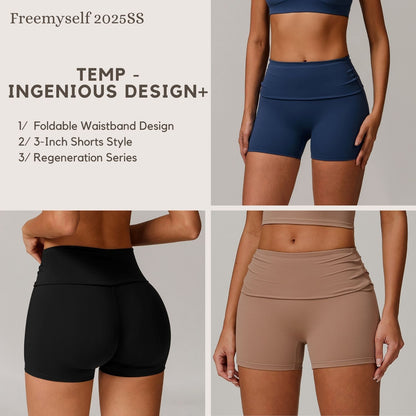 Freemyself recycled Yoga Shorts - Women's Fold-Over High-Waist with Lifting Fit | Quick-Dry Running & Gym