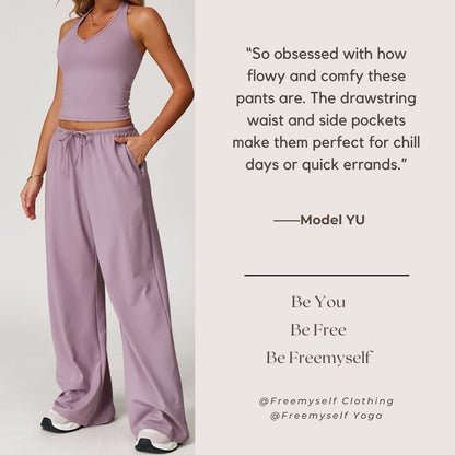 Freemyself Brushed-Finish Long Pants Draped Wide-Leg Relaxed Casual Pants Women's Athletic Fitness Elastic Drawstring Trousers