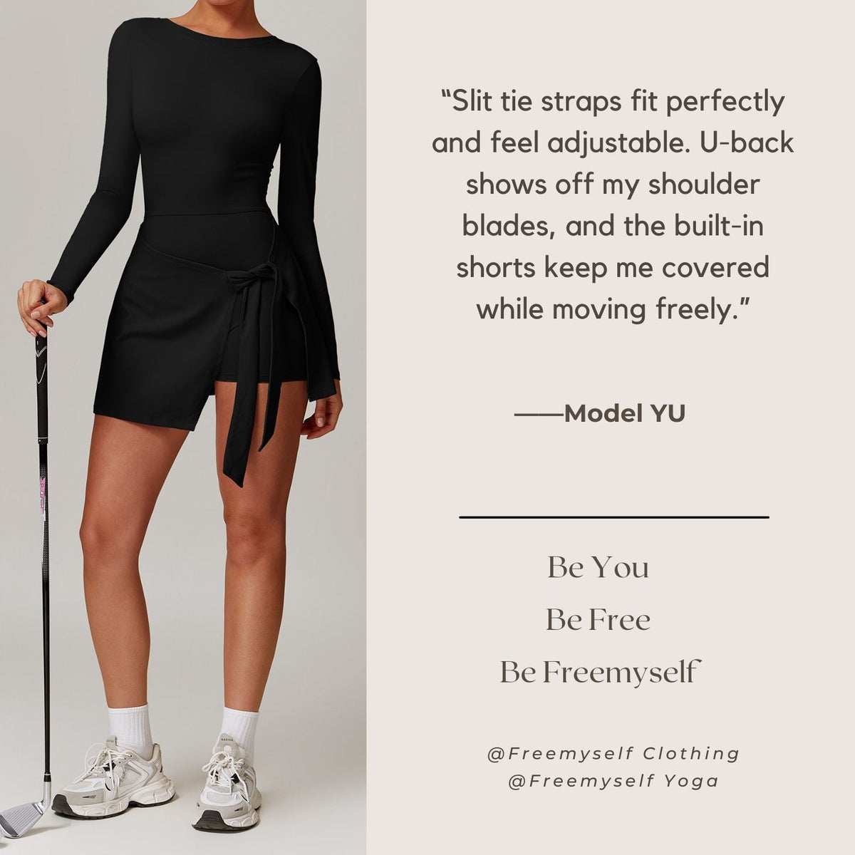 Freemyself Two-Piece Style Anti-Exposure Tight-Fitting Sports Dress Sexy Slit with Straps U-Shaped Back Tennis Skirt