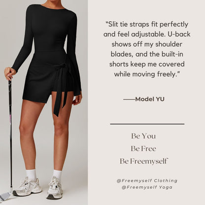 Freemyself Two-Piece Style Anti-Exposure Tight-Fitting Sports Dress Sexy Slit with Straps U-Shaped Back Tennis Skirt
