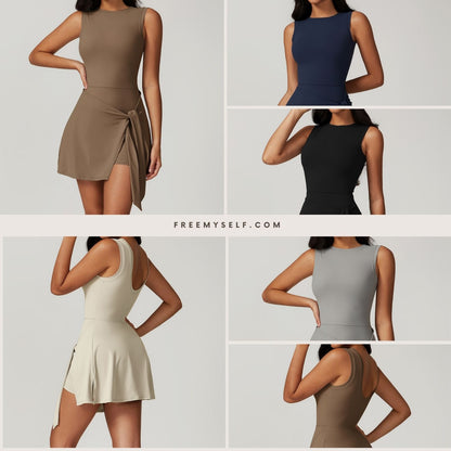 Freemyself Two-Piece Style Anti-Exposure Tight-Fitting Sports Dress Slimming Strappy Casual Fitness Backless Yoga Tennis Skirt