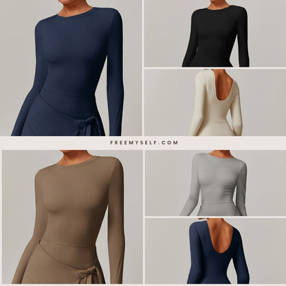 Freemyself Two-Piece Style Anti-Exposure Tight-Fitting Sports Dress Sexy Slit with Straps U-Shaped Back Tennis Skirt