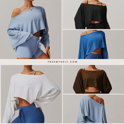 Freemyself Fitness Long-Sleeve Top for Women Off-the-Shoulder Batwing Sleeve Outerwear Casual Versatile Long-Sleeve Yoga Cover-Up