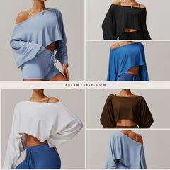 Freemyself Fitness Long-Sleeve Top for Women Off-the-Shoulder Batwing Sleeve Outerwear Casual Versatile Long-Sleeve Yoga Cover-Up