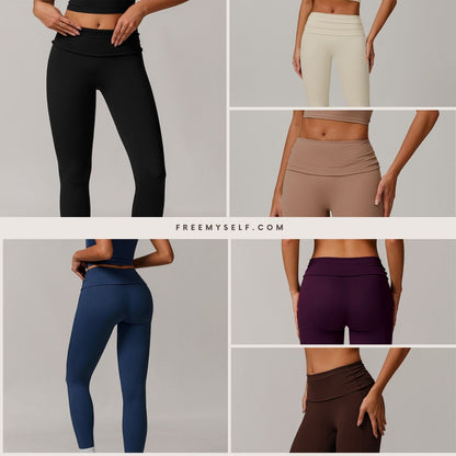 Freemyself recycled Fold-Over Yoga Pants - Women's High-Waist Lifting Fit | Everyday Tights for Gym & Lounge