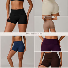 Freemyself recycled Yoga Shorts - Women's Fold-Over High-Waist with Lifting Fit | Quick-Dry Running & Gym